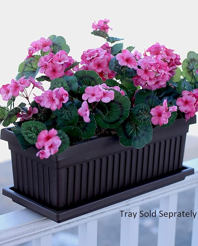 23.5 Inch Terra Roma Rectangular Window Planter Box - Lightweight Plastic Indoor Outdoor Plant Pot with Drainage for Windowsill, Herbs, Flowers, Black
