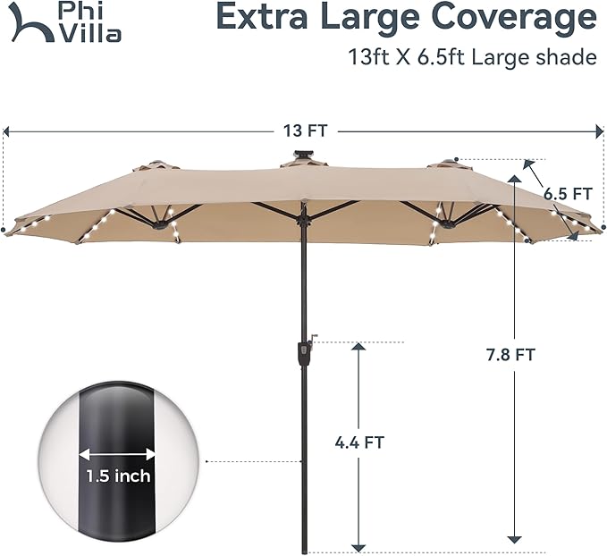 PHI VILLA 13ft Patio Umbrella with Solar-Powered 120 PCS LED Color-Changing Lights, Triple-Head Large Rectangle Umbrella Outdoor Patio for Table with Crank Lift,Beige(No Base)