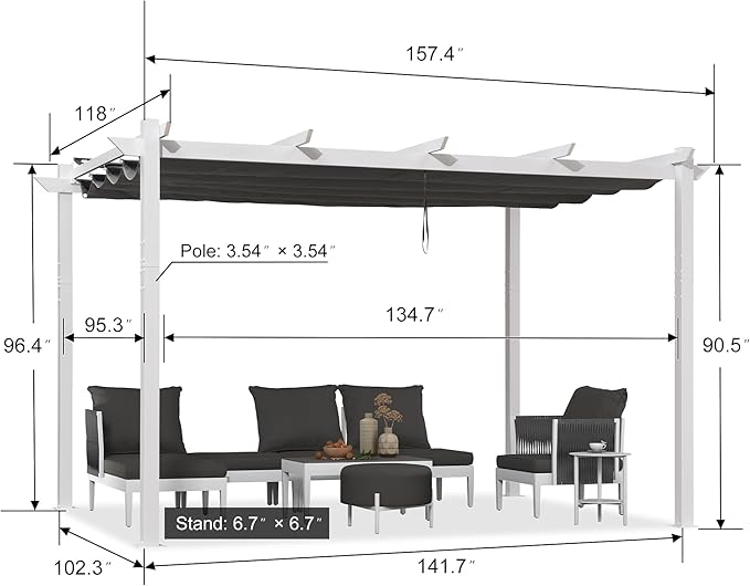 PURPLE LEAF Outdoor Retractable Pergola with Curtains 10' x 13' White Patio Aluminum Pergola with Sun Shade Canopy for Backyard Deck Garden Modern Metal Pergola, Gray