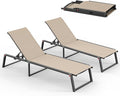 Aluminum Chaise Lounge Outdoor Set of 2, Foldable & No Assembly Patio Pool Lounge Chairs 5-Position Recliner for Outside Poolside, Fully Grounded Legs Sun Lounger for Pool, Beach, Yard, Khaki