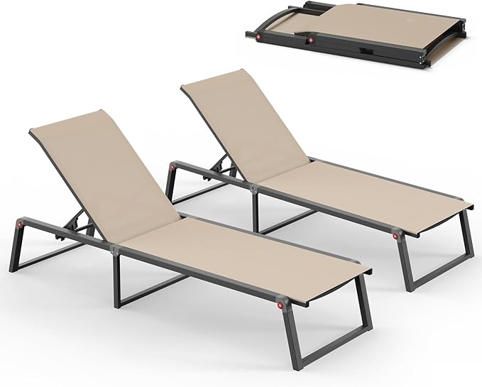 Aluminum Chaise Lounge Outdoor Set of 2, Foldable & No Assembly Patio Pool Lounge Chairs 5-Position Recliner for Outside Poolside, Fully Grounded Legs Sun Lounger for Pool, Beach, Yard, Khaki