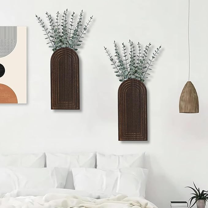 2 Pack Wooden Wall Vase Set - Dark Brown Finish Modern Farmhouse & Boho Wall Decor for Entryway, Hallway, Bathroom, Living Room, Dining Room, Narrow Spaces