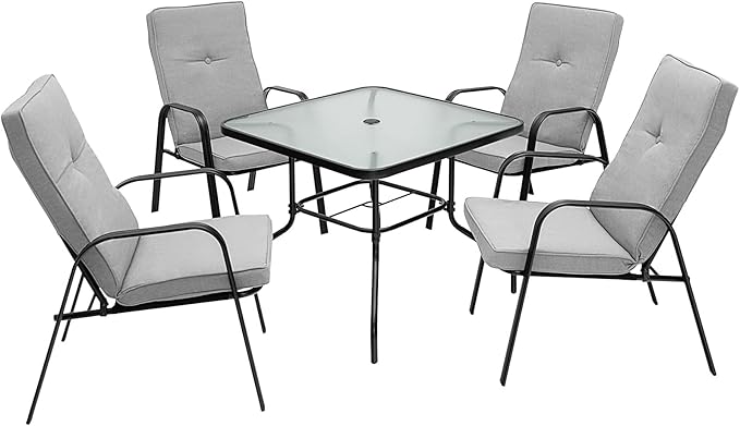 Tangkula 35" Patio Dining Table for 4, Square Outdoor Dining Table with Tempered Glass Tabletop, 1.65" Umbrella Hole & Metal Frame, 4-Person Outside Dining Table for Backyard, Lawn, Deck & Poolside
