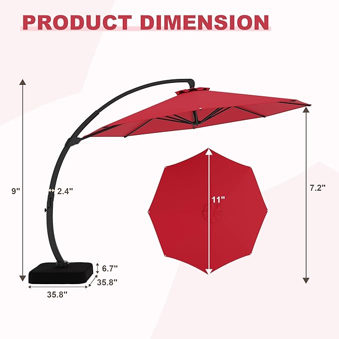 GarveeLife 11FT Cantilever Patio Umbrella With Base Included, Cantilevers Outdoor Umbrella Heavy Duty Offset, Aluminium Curved Cantilever Umbrella