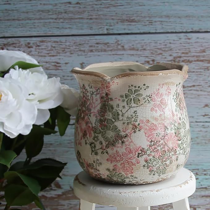 Ceramic Pots for Plants, Vintage Plant Pot with Drainage Hole, 6.11in. Planter for Indoor Plants, Crackle Glaze Finish Flower Pot, Perfect Tuscan Ceramic Planter for Gardening, Pastel Meadow