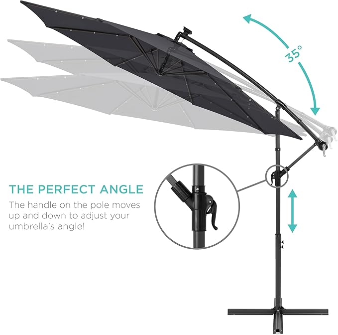 Best Choice Products 10ft Solar LED Offset Cantilever Hanging Market Patio Umbrella, 8 Sturdy Ribs, Easy Adjustment - Gray