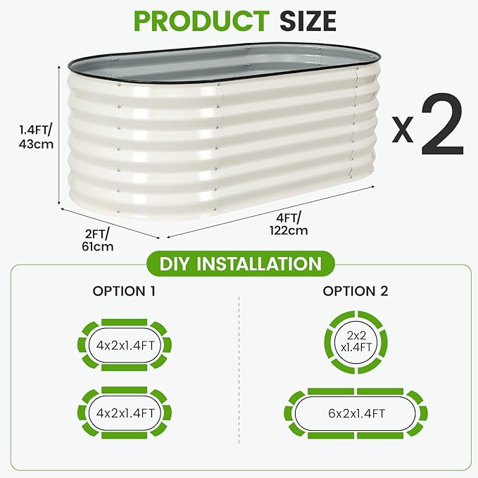 Galvanized Raised Garden Bed Outdoor |17'' Tall Planter Box Outdoor for Deep Root Plants | 2Pcs Raised Bed Kit for Gardening with Rubber Strip for Vegetables Flowers Fruits (White, 4x2x1.4FT)