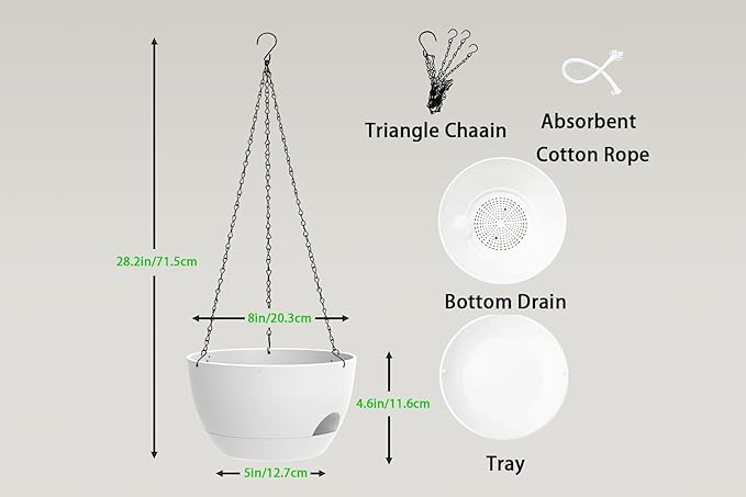Hanging Planters 3-Pack, 8 Inch Self-Watering Hanging Pots with Drainage Hole and Chains, Plastic Planters for Indoor Outdoor（White）