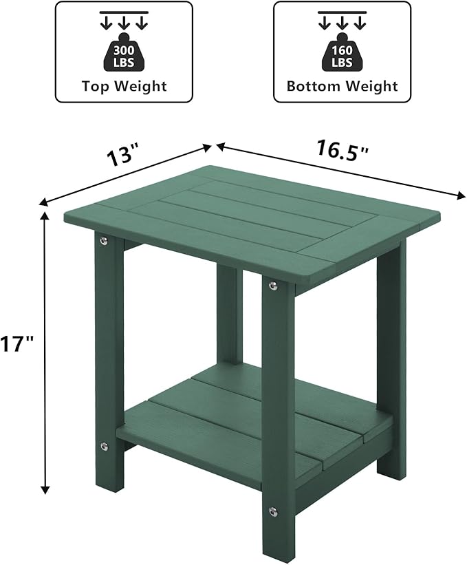 Double Adirondack Side Table Weather Resistant, Outdoor Rectangular End Table for Adirondack Chair, Dark Green