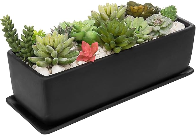 MyGift 14 Inch Ceramic Indoor Plant Pot, Rectangular Succulent Planter, Decorative Flower Planter with Drainage Hole and Removable Tray, Matte Black