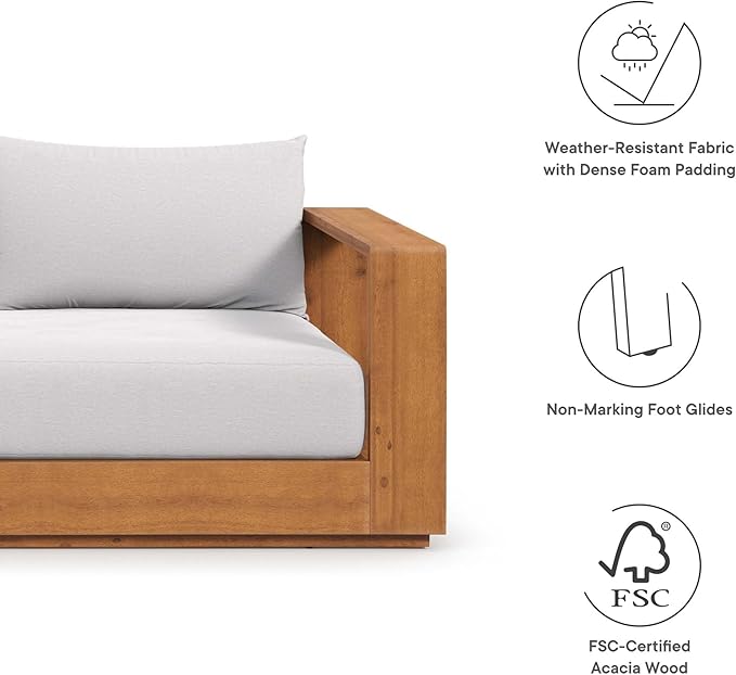 Modway Tahoe Acacia Wood Outdoor Patio Sofa in Natural Light Gray with Weather-Resistant Cushions - Ideal as a Porch Couch or Sunroom Sofa
