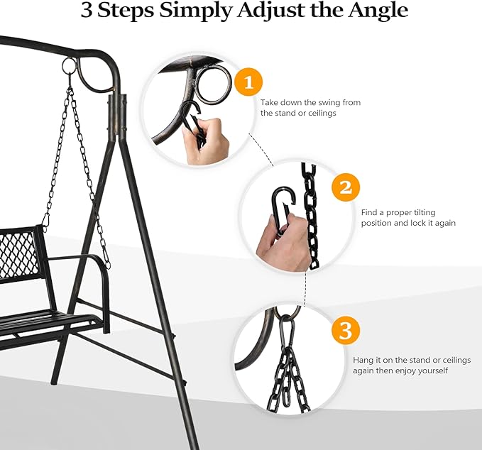 VINGLI Upgraded Metal Patio Porch Swing, 660 LBS Weight Capacity Steel Porch Swing Chair for Outdoors, Heavy Duty Garden Swing Bench for Gardens & Yards (Pattern 2)