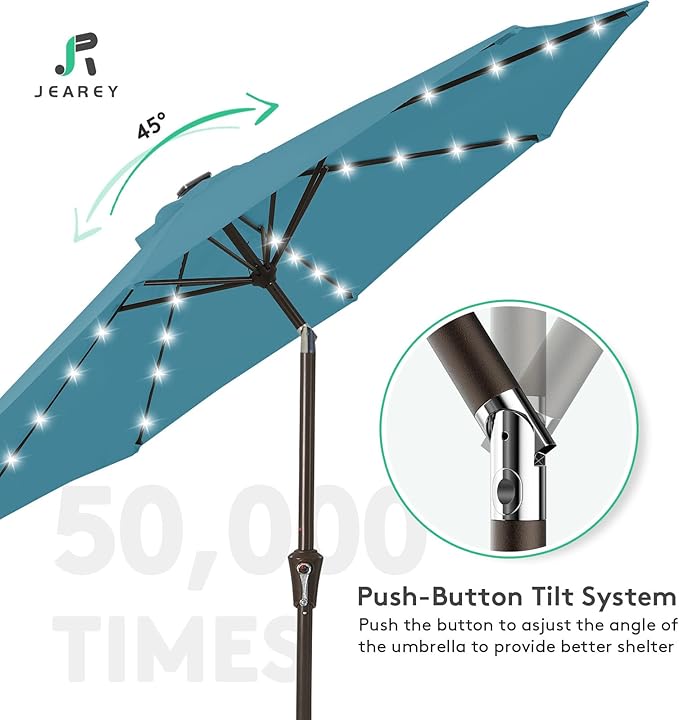JEAREY 9FT Outdoor Patio Umbrella with Solar Lights, LED Lighted Pool Umbrella with Tilt and Crank, Outdoor Table Umbrellas for Deck, Yard & Market (Lake Blue)