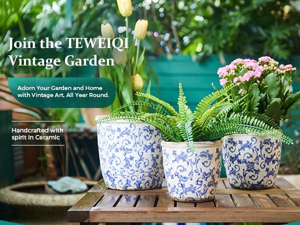 Vintage Ceramic Planter Without Drainage Hole, 6.5 Inch - Indoor/Outdoor Flower Pot for Orchids, Succulents, Blue Floral Rustic Farmhouse Plant Pot for Home, Office & Garden Décor, Ideal Gift