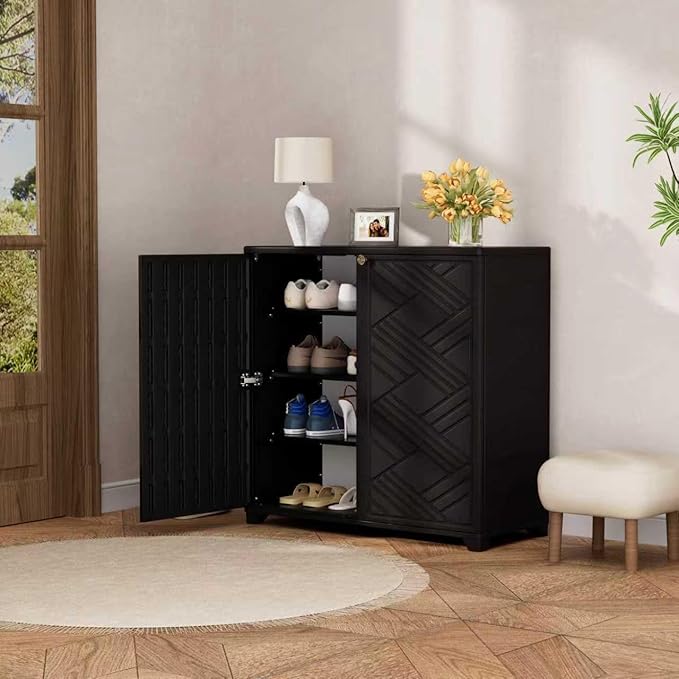 Outdoor/Indoor Storage Box,Resin and Plastic Storage Cabinet Waterproof,Outdoor Cabinet for Patio/Garden/Balcony/Backyard/All Room(with 3 Shelves)-Black