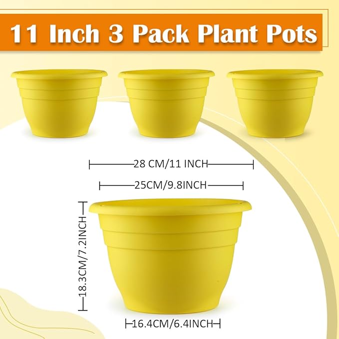 11 Inch Plant Pots Set of 3,Plastic Planters with Drainage Holes & Removable Plugs,Indoor Outdoor Flower Pots for Plants,Herbs, Succulents,Durable Lightweight(Yellow)