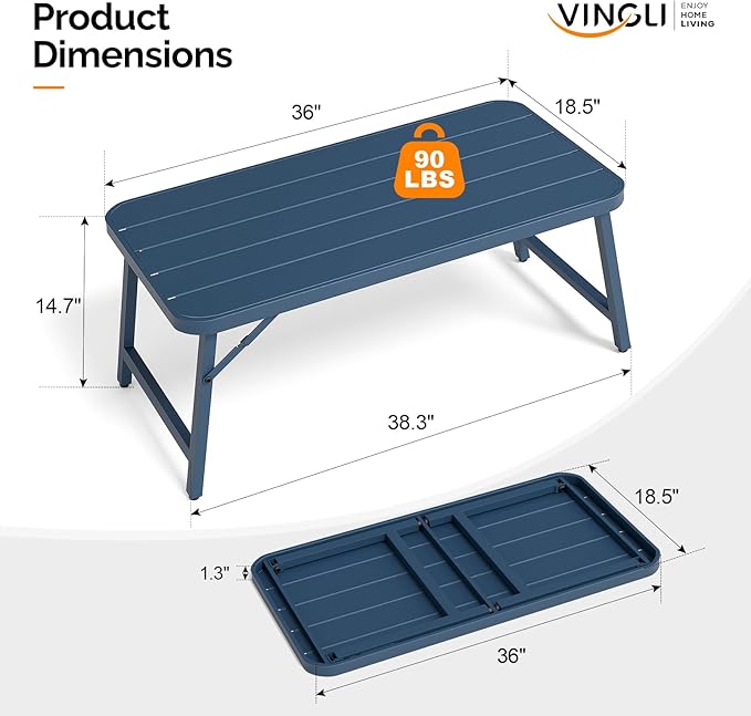 VINGLI Outdoor Folding Coffee Table, Rectangle Drainable Iron Patio Table for Balcony, Porch, and Living Room, Blue
