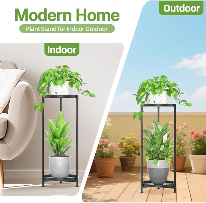 iDavosic.ly 2 Tier Corner Plant Stand Indoor, Tall Vertical Metal Flower Heavy Duty Pot Holder Shelf Outdoor for Patio Porch Living Room, Modern Black - Round