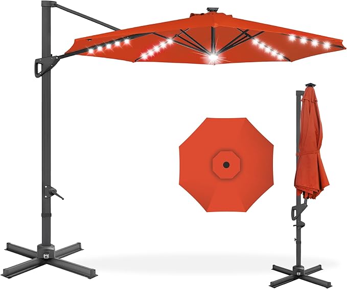 Best Choice Products 10ft Solar LED Cantilever Patio Umbrella, 360-Degree Rotation Hanging Offset Market Outdoor Sun Shade for Backyard, Deck, Poolside w/Lights, Easy Tilt, Cross Base