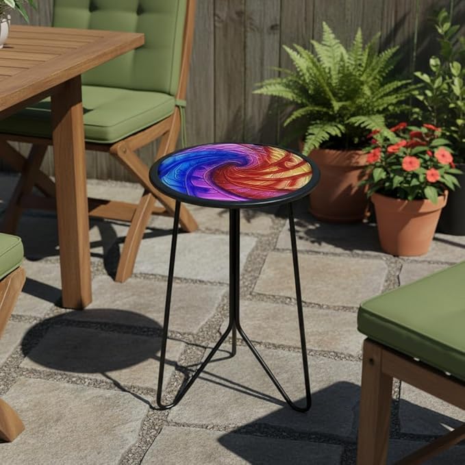 LIFFY Patio Side Tables,12" Metal Outdoor Side Table with Colorful Glass Tabletop,Small Round Decorative Metal End Table & Plant Tables for Home Garden Yard Balcony