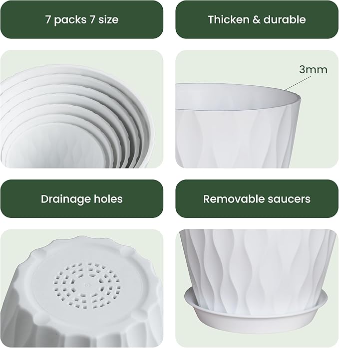 Flower Pots, 7/6.5/6/5.5/5/4.5/4 inch Plastic Plant Pots, 7 Pack Planter for Indoor Outdoor Plants, Nursery Planting Pot with Drainage Holes and Trays (White)