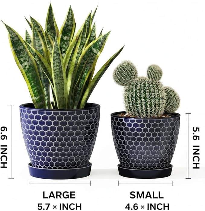 Docrin Blue Honeycomb Ceramic Plant Pot Set - 6.6"+5.5" Inch, Modern Decorative Planters with Drainage Holes & Saucers for Indoor/Outdoor Home Office