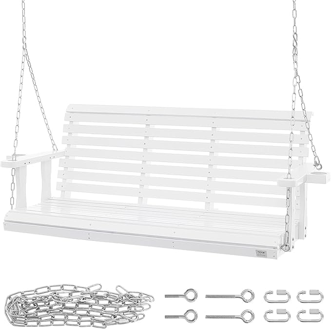 VEVOR Wooden Porch Swing 5.5FT with 2 Side Cup Holders, Heavy Duty 880lbs Patio Swing, Outdoor Swing Hanging Chair, Bench Swing with Adjustable Chains for Front Porch, Yard, Balcony, Garden, White