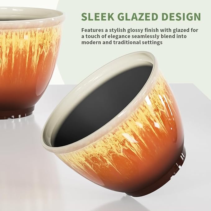 4 Pack Plastic Plant Pots Indoor with Drainage Hole, 8 Inch Glazed Planters for Indoor Outdoor Plants, Garden Flower Pots for Office Home Decor(Orange Glaze)