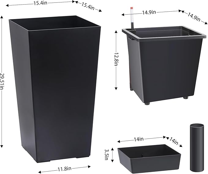 Garvee 30" Tall Planters Set of 2, Outdoor＆Indoor Black Planter Pots, High Front Porch Planter Pots with Drainage Holes＆Water Level Monitor＆Inner Bucket,Black