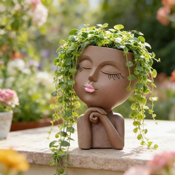 Face Flower Pot Head Planter, Girl Heads Flowerpot, Lady Faces Plant Pot, Female Bust Statue Succulent Pots with Drainage Hole for Indoor Outdoor Plants, Modern Human Art Vase(7" Brown)