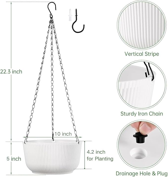 10 Inch Hanging Planters for Outdoor Indoor Plants, Set of 2 Self-Watering Hanging Pots with Drainage Hole & Plug II Screw-in Hooks II Non-deforming