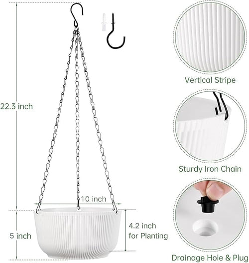 10 Inch Hanging Planters for Outdoor Indoor Plants, Set of 2 Self-Watering Hanging Pots with Drainage Hole & Plug II Screw-in Hooks II Non-deforming