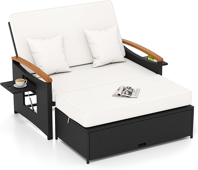 Tangkula Patio Rattan Daybed with 4-Level Adjustable Backrest, Outdoor Wicker Loveseat with Acacia Wood Armrest, Storage Ottoman & Folding Tray, Double Sunbed for Yard & Poolside (White & Black)