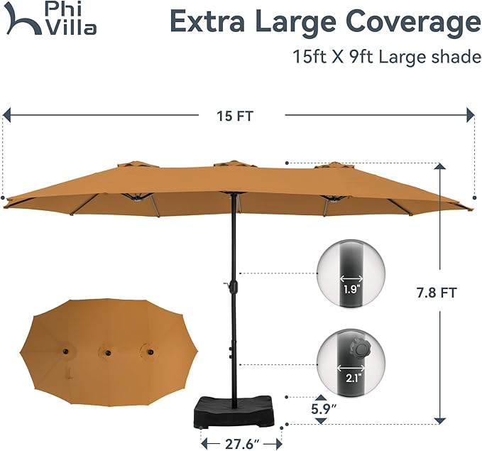 PHI VILLA 15ft Large Patio Umbrellas with Base, Outdoor Double-Sided Rectangle Market Umbrella for Pool Lawn Garden, Tawny