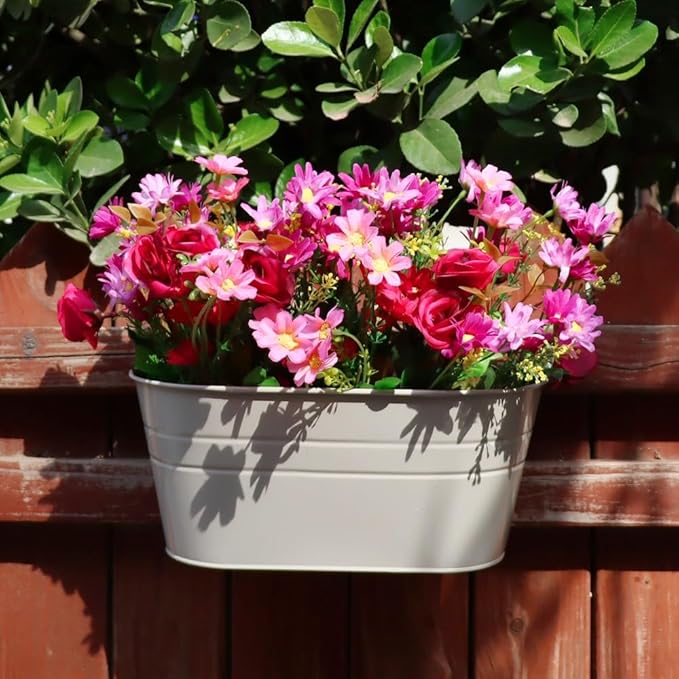 3 Pack Metal Railing Planters, 10.5" Oval Hanging Flower Pots with Detachable Hooks & Drainage Holes, Fits Rails up to 2.36", Galvanized Iron Fence Bucket for Balcony Garden Patio - Gray
