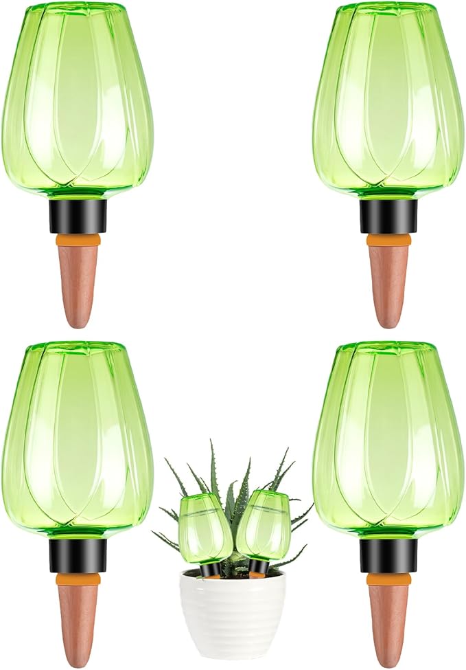 4 Pcs Plant Watering Globes Self Watering Planter Insert Plants Top Fill Water Device Plastic Water Bulbs Slow Release Terracotta for Plants, Green