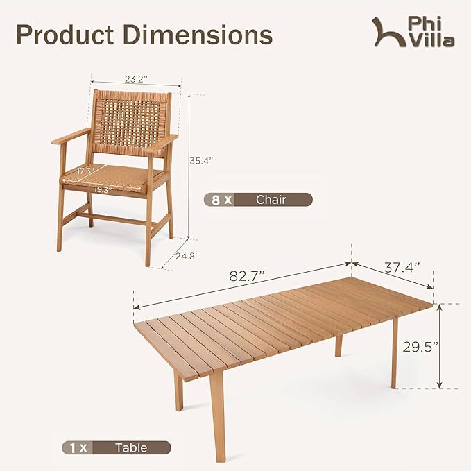 PHI VILLA 9 Pieces Acacia Wood Outdoor Dining Set for 8, Teak Rectangle Wooden Table & Chairs with Wicker Seat and Back, Farmhouse Dining Furniture Set for Patio, Deck, Yard, Porch