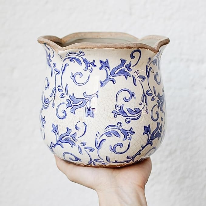 Retro Distressed Ceramic Flower Pots, Antique Crackle Glaze Planters with Drainage for Indoor Plants, Blue and White Chinoiserie Pottery Vase for Living Room Balcony Office Decor, Gardening Gifts