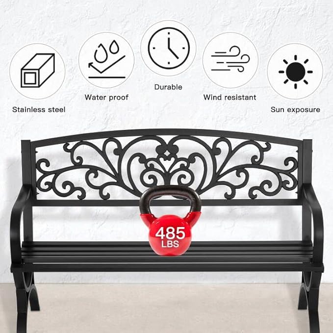 Patio Garden Bench 50 inch Outdoor Metal Loveseat Chairs with Armrests Slatted Seat and w/Floral Design Backrest for Park, Yard, Porch, Lawn, Balcony, Backyard, Black