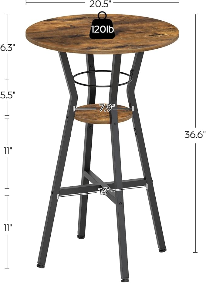 Bar Table, 2-Tier Round High Top Table, Pub Table, Home Bar Counter Height Tables, Bistro Tables, for Kitchen, Living Room, Meeting Room, Pub, Rustic Brown and Black BT03BR