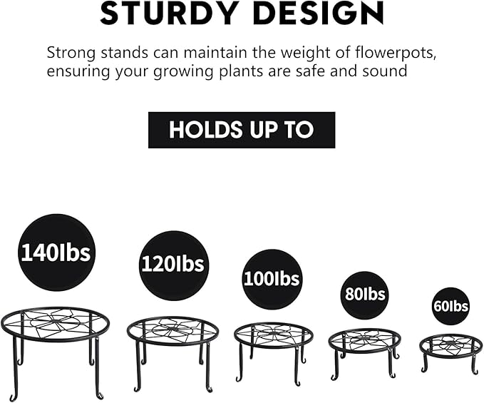 5 Pack Metal Plant Stands,Heavy Duty Potted Holder for Flower Pot,Indoor Outdoor Metal Rustproof Iron Garden Container Round Supports Rack for Planter