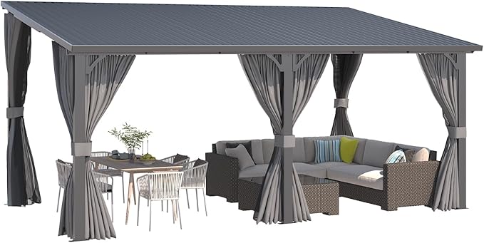 AECOJOY 16'x10' Outdoor Hardtop Gazebo Pergola with Curtains and Netting for Patio, 10x16 Large Steel Heavy Duty Lean to Wall-Mounted Pergolas and Grill Gazebos Clearance, Metal Roof Awnings for Decks