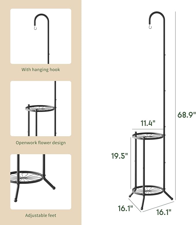 2-Tier Hanging Plant Stand Indoor and Outdoor , Space-Saving Iron Planter Shelves, Multiple Flower Pot Display Holder Shelf with Hanging Hook, Corner Plant Stands (Black)