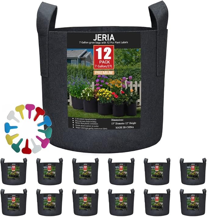 JERIA 12-Pack 7 Gallon Grow Bags, 300G Thickened Nonwoven Garden Pots,Heavy Duty Fabric Pots with Reinforced Handles