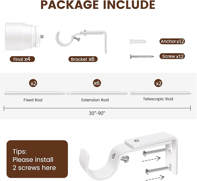 1” Diameter Curtain Rods Itself is 30 to 90 inch 2 Pack Fit 30-84 inch Window with Heavy Duty Adjustable Rod Matte White Splicing Metal Extra Long Curtain Rod for Windows