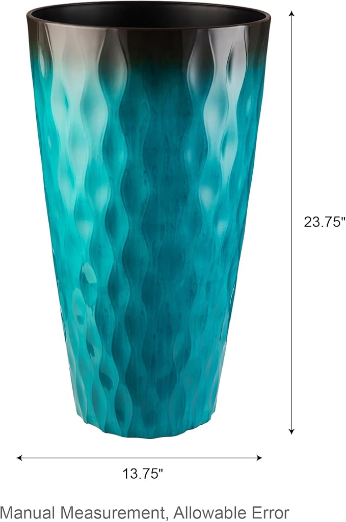 Glitzhome 23.75" H Oversized Tall Planter, Set of 2 Wavy Texture Turquoise Large Planters for Outdoor Plants, with Drainage Hole, Plastic Large Flower Pots for Porch,Garden, Patio or Indoor Use