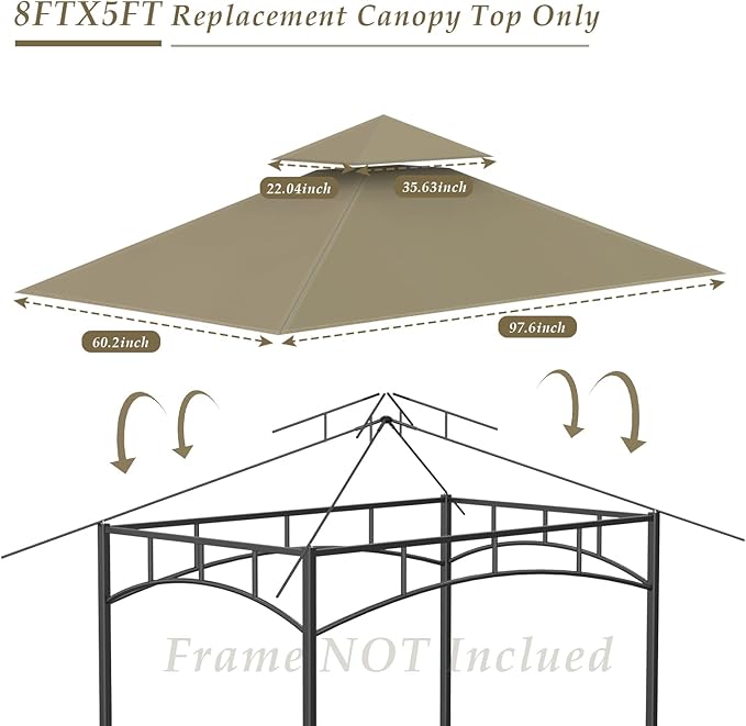 Grill Gazebo Replacement Top, 5 * 8 Outdoor BBQ Top Cover, Double Layer BBQ Gazebo Top Canopy for Model #L-GG001PST-F (Khaki)