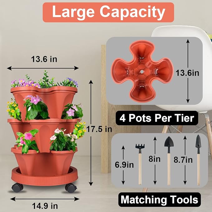 DUNCHATY Stackable Planters 3 Tier Vertical Garden Planting Tower Planters Strawberry, Herb, Flower, and Vegetable Planter Indoor Outdoor Gardening Pots with Removable Wheels and Tools