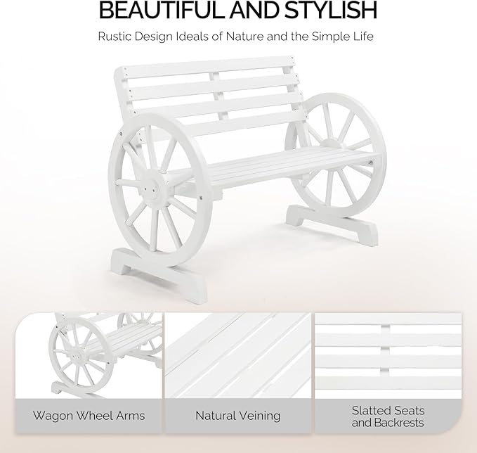 VINGLI Rustic Wooden Wheel Bench Outdoor Bench, Patio Bench Wagon Slatted Seat, Garden Benches for Outdoors 350lbs High Capacity, Weather Resistance (White, 41in)