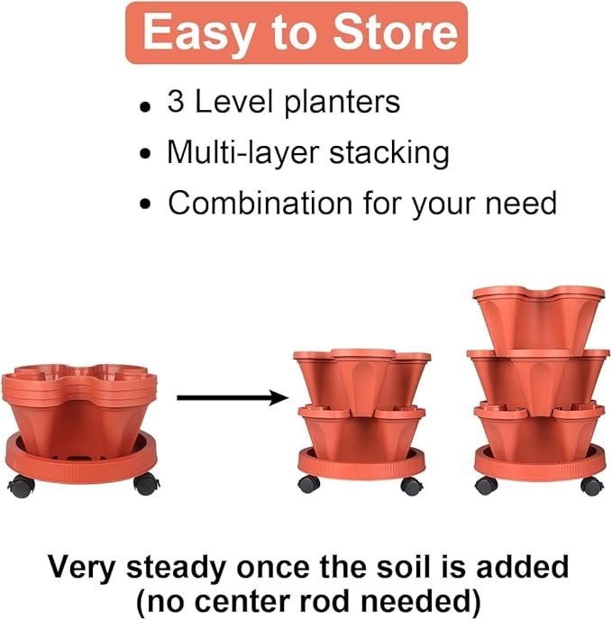 Vertical Planter 3 Tier Stackable Planters Garden Planters Strawberry Herb Flower and Vegetable Planter Indoor Outdoor Gardening Pots with Removable Wheels and Tools